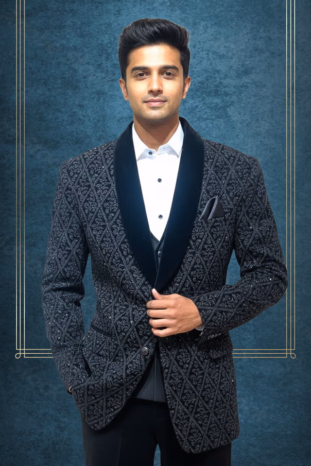Black Velvet Groom Outfit with Silver Work and Royal Satin Finish — back view, rent in Bangalore