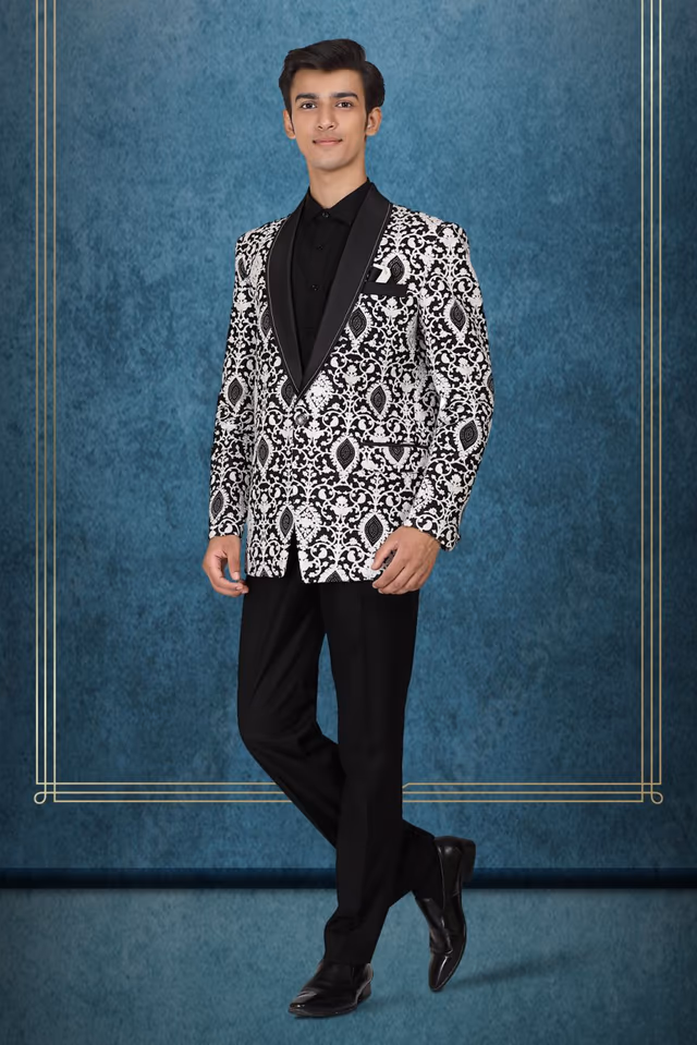 Black And White Embroidered Regal Blazer — back view, rent in Bangalore
