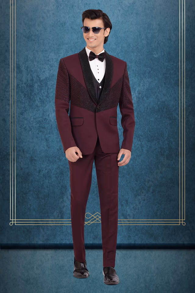 Wine Maroon Embellished Tuxedo Suit with Satin Lapel & Bow Tie — rent in Kochi