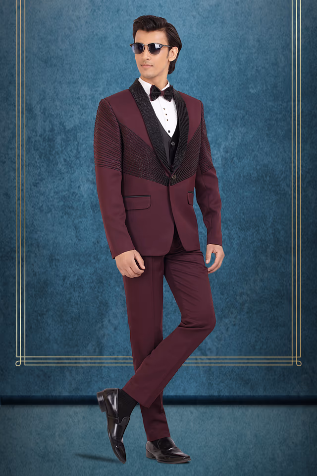 Wine Maroon Embellished Tuxedo Suit with Satin Lapel & Bow Tie — back view, rent in Kochi
