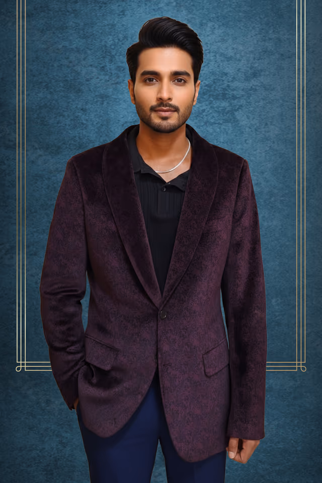 Wine Shade Velvet Blazer with Black Motifs for Occasion Wear — rent in Bangalore
