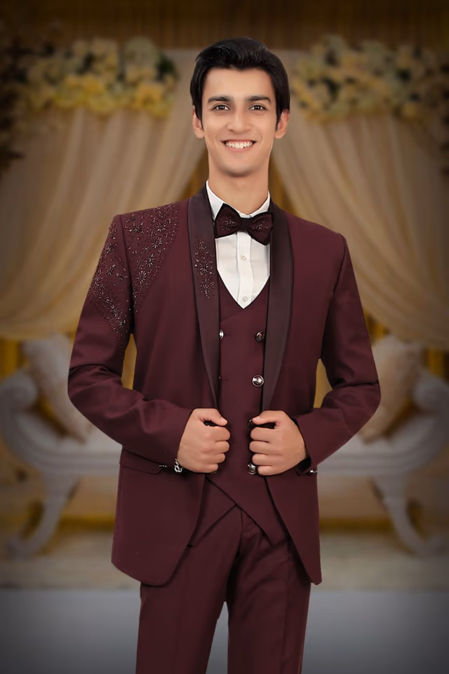 Wine Tuxedo Suit with Sequin Embroidered Shoulder Detailing and Satin Lapels — back view, rent in Kochi