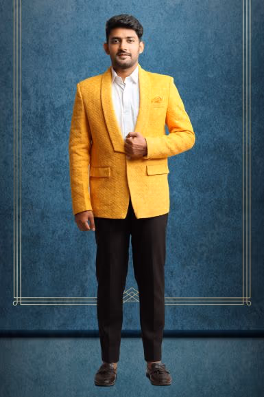 Yellow Lucknowi Fabric Blazer — rent in Kochi