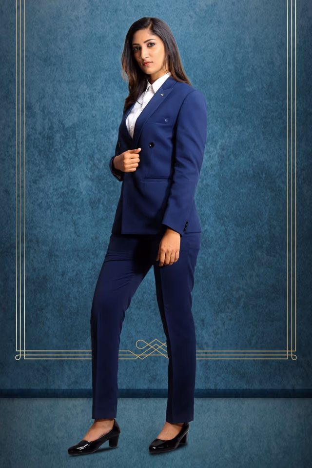 Double Breasted Notch Lapel Navy Blue Colour Suite With Formal Trousers — back view, rent in Bangalore