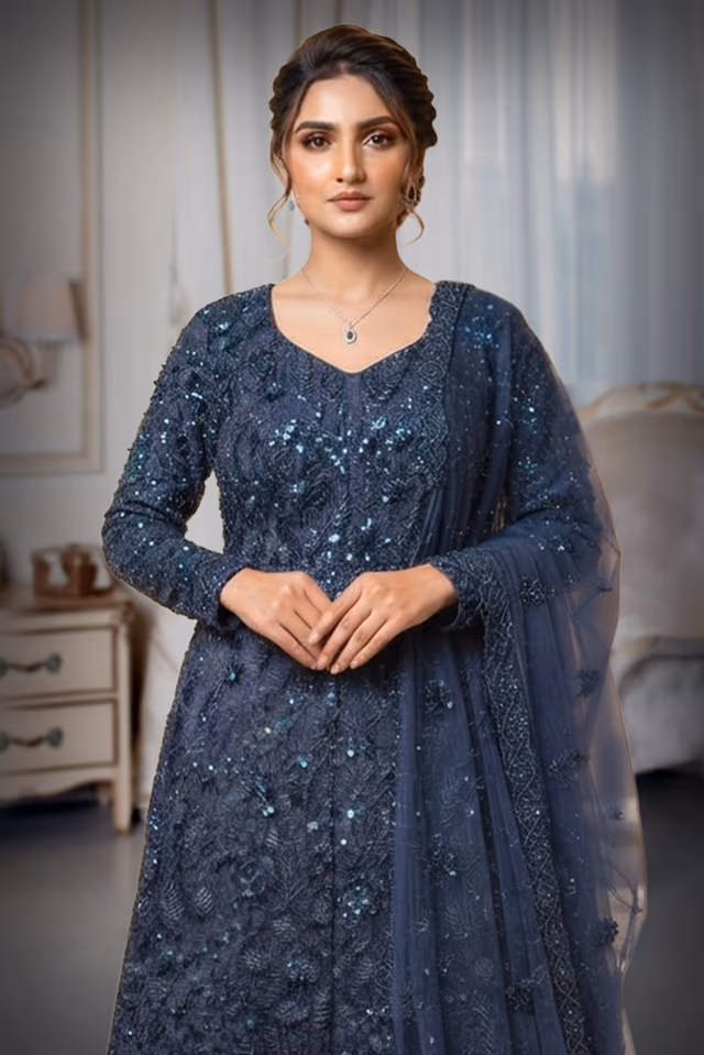 Blue Heavily Embellished Net Anarkali Gown Set with Dupatta — rent in Coimbatore