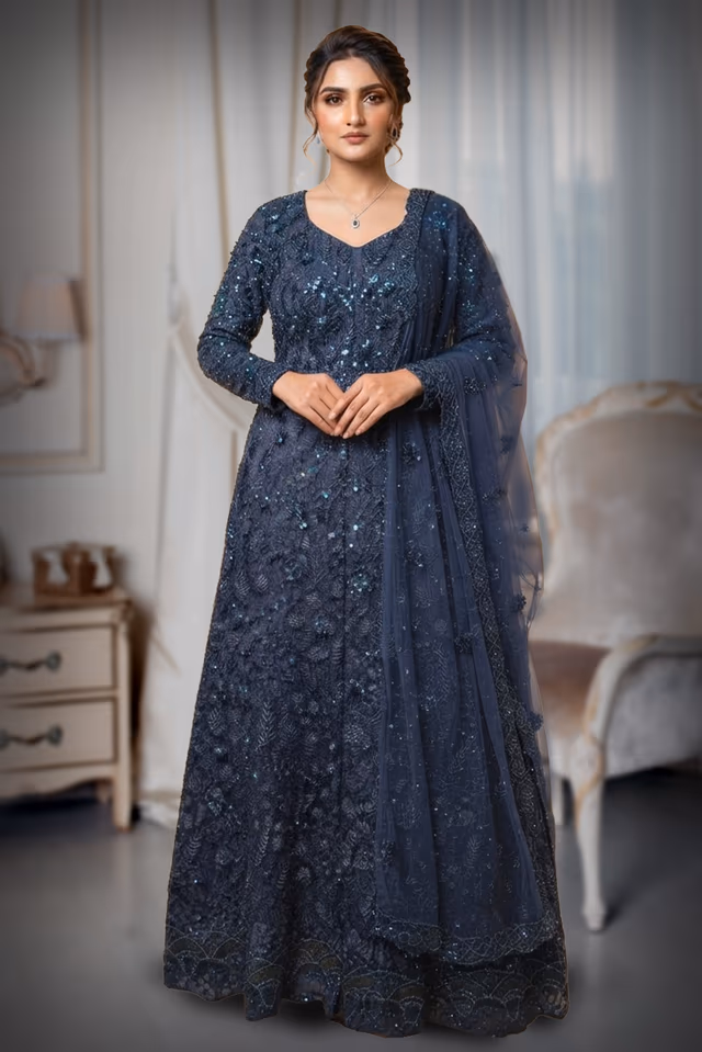 Blue Heavily Embellished Net Anarkali Gown Set with Dupatta — back view, rent in Coimbatore