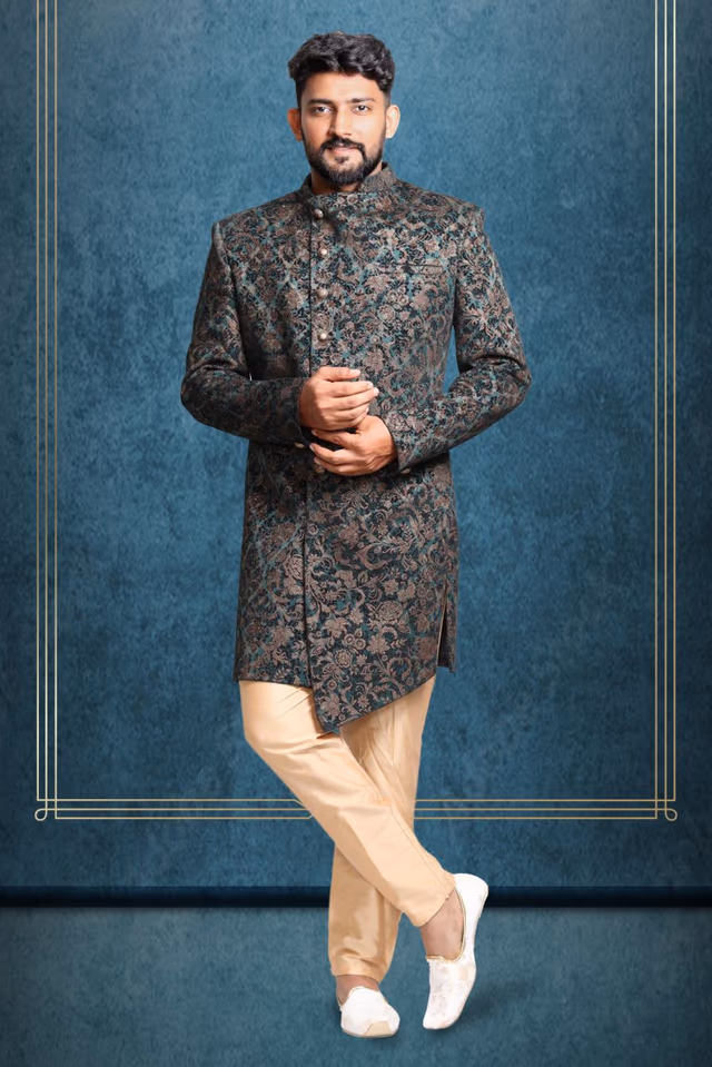 asymmetrical cut jacquard in green indowestern — rent in Calicut