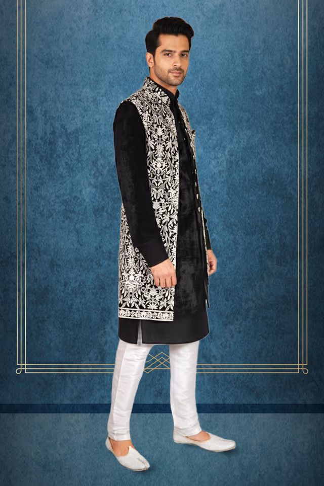 Black & White Embroidered Indo-Western Sherwani — rent in Bangalore