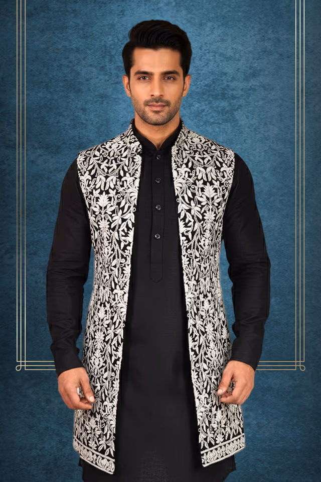Black & White Embroidered Indo-Western Sherwani — back view, rent in Bangalore