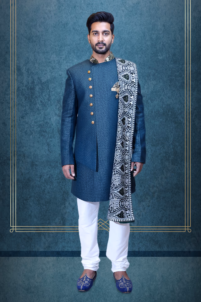 Green indo western paired with an intricately embroidered chador-style dupatta — rent in Kochi