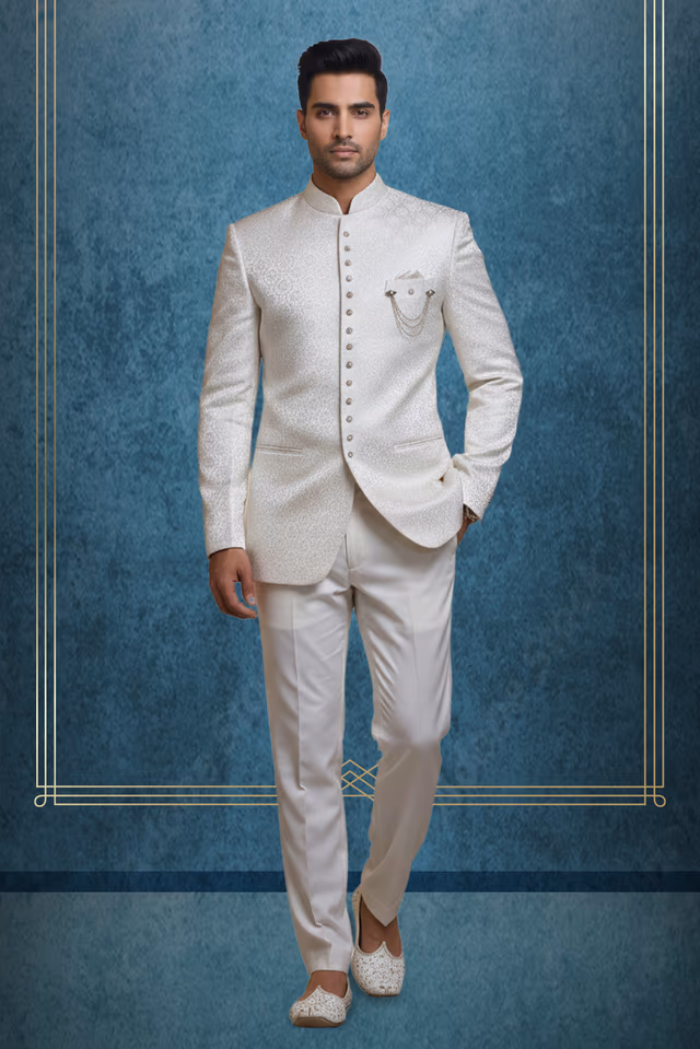 Cream Brocade Bandhgala Jacket With Detailed Embellished Buttons And Pocket Chain Ideal For Traditional… — rent in Calicut