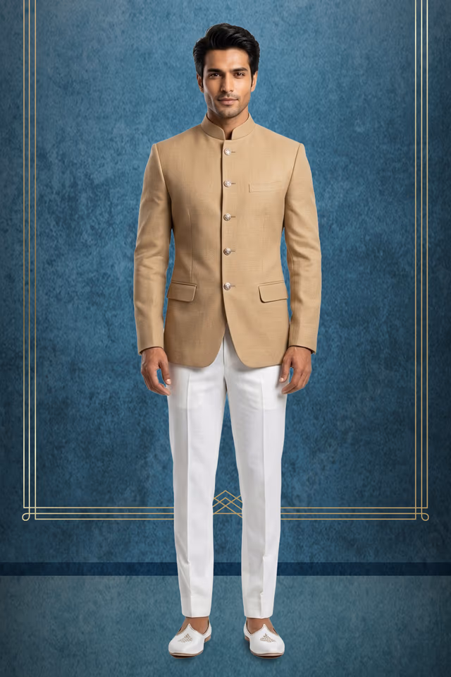 Emerald Green Jute Jodhpuri with Elegant Buttons and White Trousers — rent in Bangalore