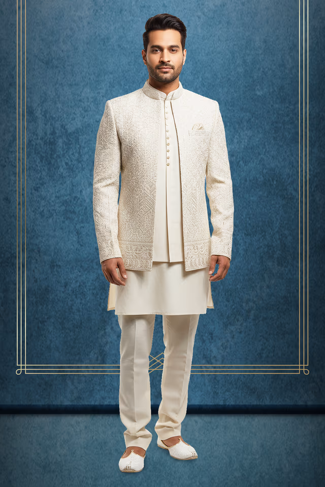 Elegant Ivory Double Collar Jodhpuri Set — rent in Coimbatore