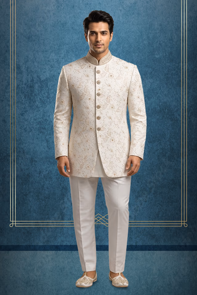 Elegant Ivory Sherwani Set with Intricate Embroidery and Tailored Trousers — rent in Bangalore