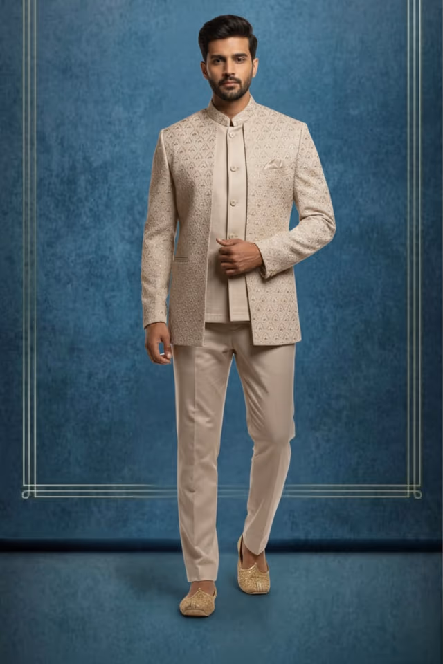Latte Beige Bandhgala Jacket With Detailed Embellished Buttons Latte Beige Bandhgala Jacket — rent in Calicut