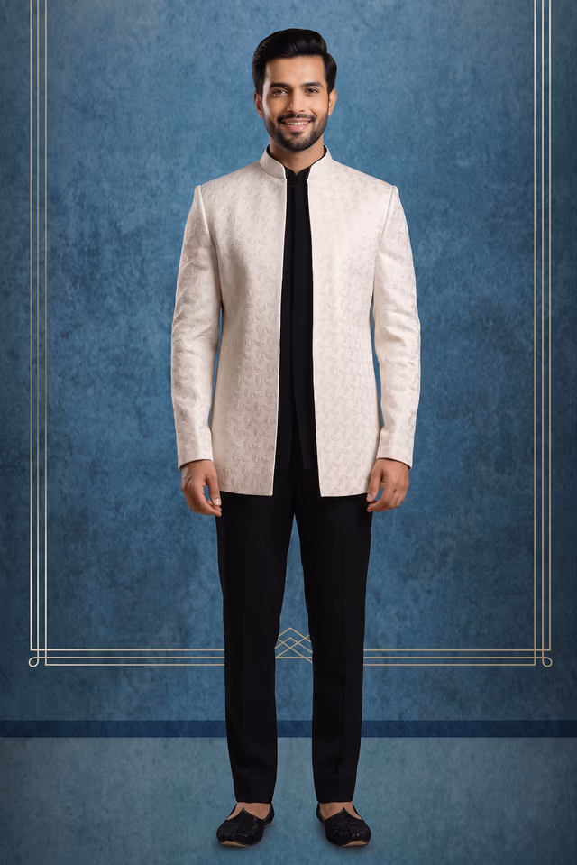 Men’s Cream Textured Indo-Western Jodhpuri Jacket with Black Kurta and Trouser Set — rent in Kochi