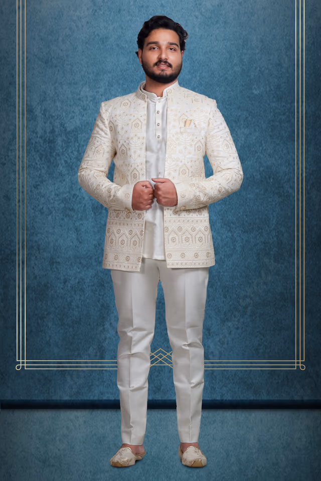 Men’s Ivory White Designer Indo-Western Sherwani Jacket — rent in Kochi