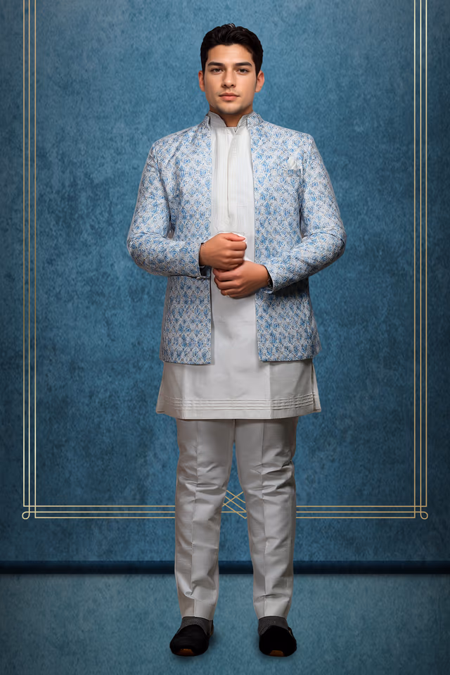 Men's White Kurta with Sky Blue Brocade Nehru Jacket — rent in Kochi
