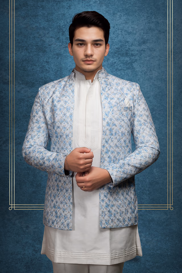Men's White Kurta with Sky Blue Brocade Nehru Jacket — back view, rent in Kochi