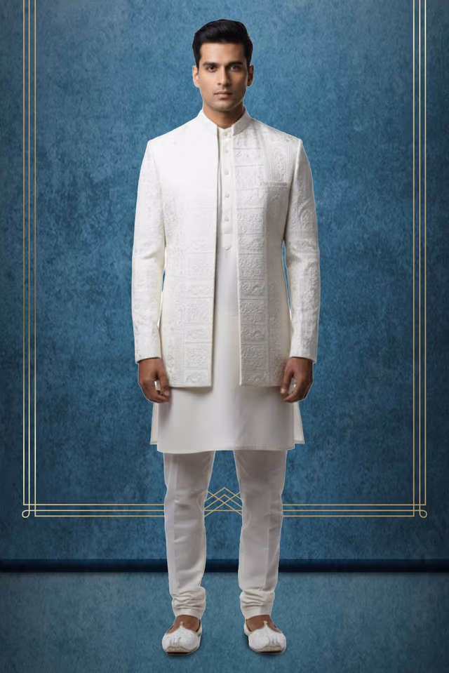 Pearl White Grooms Jodhpurii With  Threadwork Details Along With Same Color Pant — rent in Calicut
