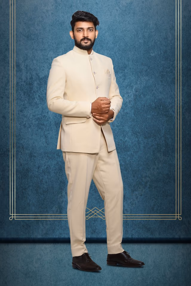 Classic Plain Ivory white Colour Jodhpuri — back view, rent in Calicut