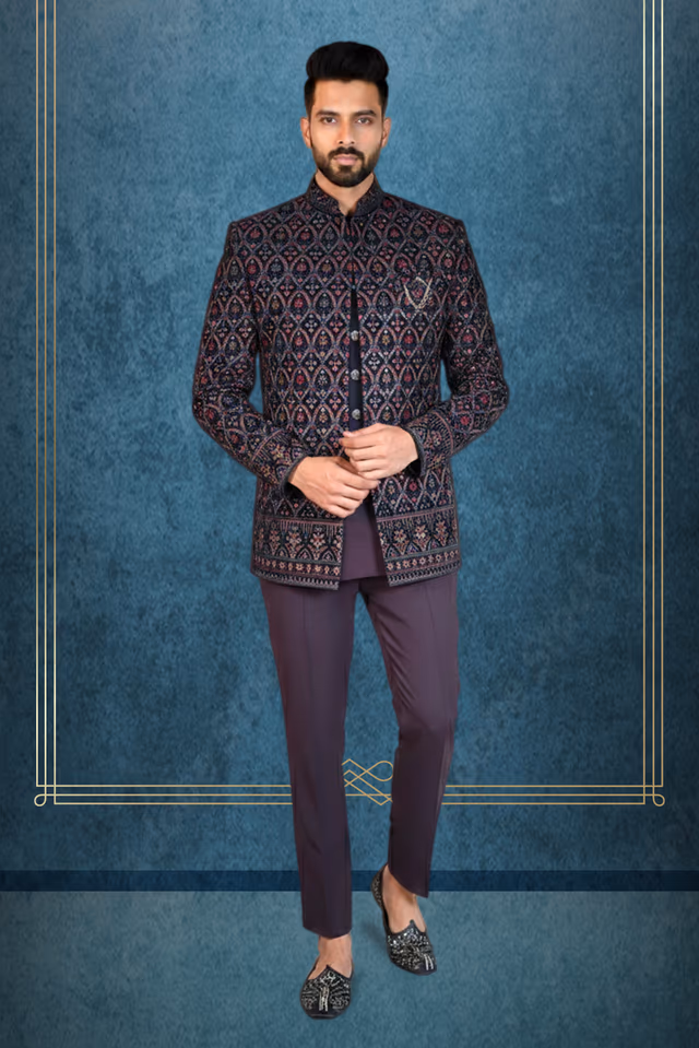 Regal Midnight Velvet Indo-Western Sherwani — rent in Bangalore
