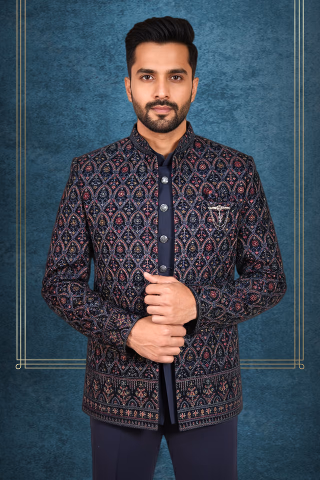 Regal Midnight Velvet Indo-Western Sherwani — back view, rent in Bangalore