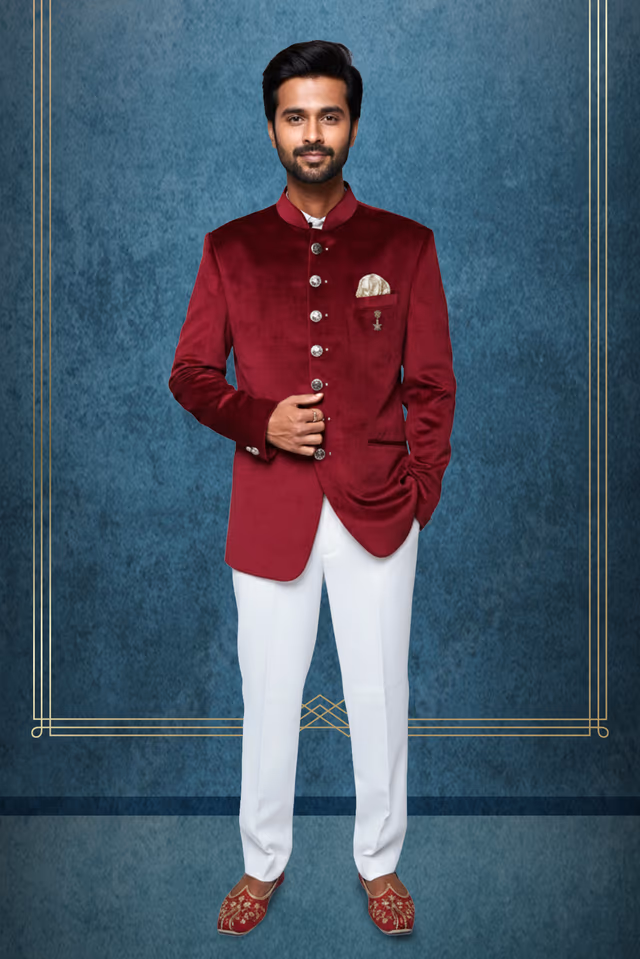 Regal Red Velvet Jodhpuri with Golden Buttons for Timeless Wedding Elegance — rent in Bangalore