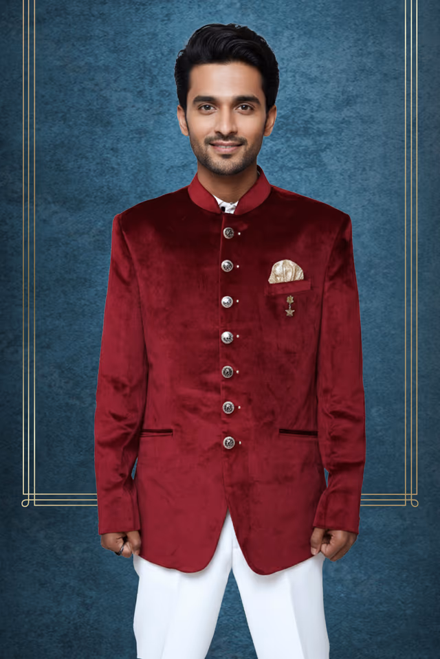 Regal Red Velvet Jodhpuri with Golden Buttons for Timeless Wedding Elegance — back view, rent in Bangalore