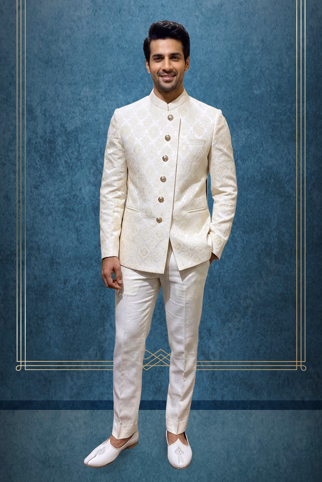 Royal Cream Self-Design Jacquard Bandhgala Jodhpur Suit — rent in Kochi