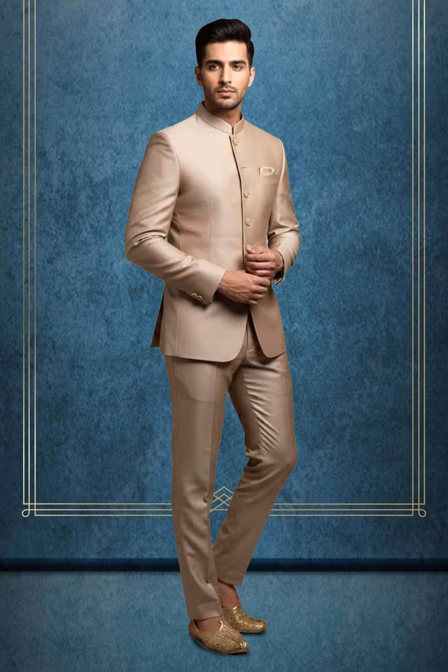 Sand Beige Bandhgala Jacket With Detailed Embellished Buttons And Pocket Pocket Square — rent in Calicut