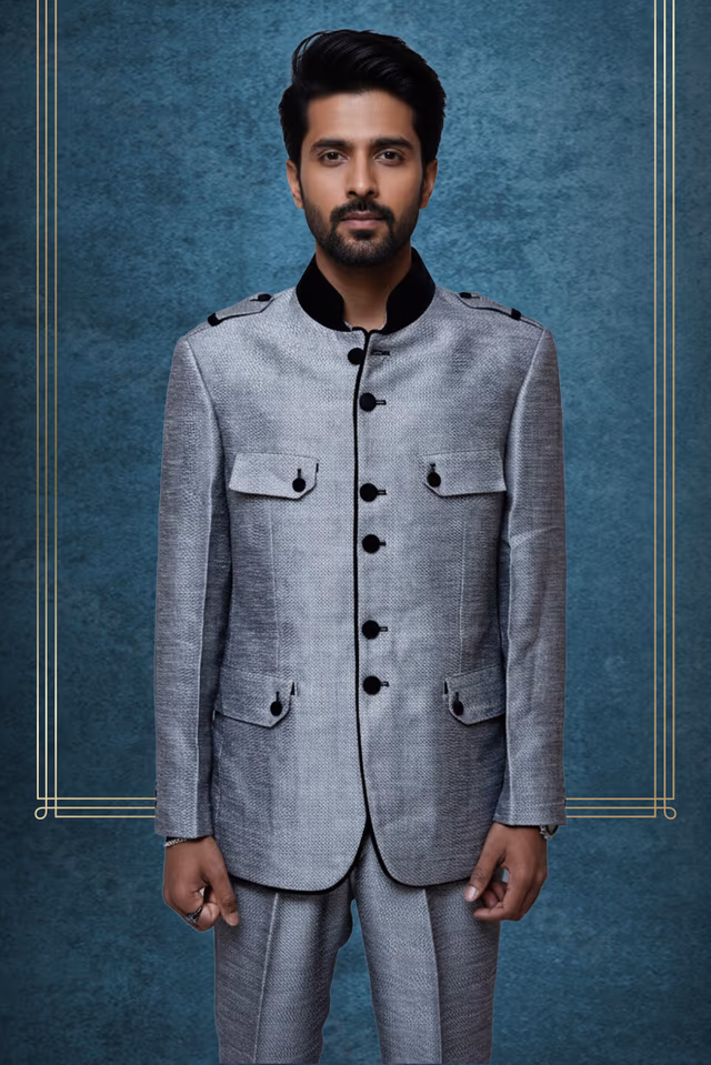 Silverish jodhpuri with velvet elements — back view, rent in Bangalore