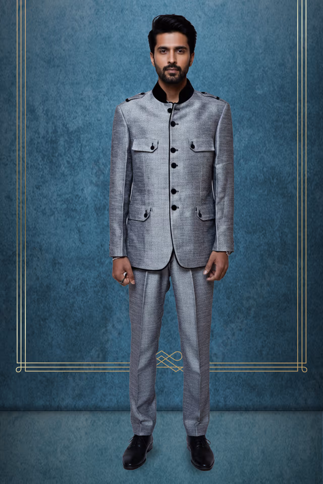 Silverish jodhpuri with velvet elements — rent in Bangalore