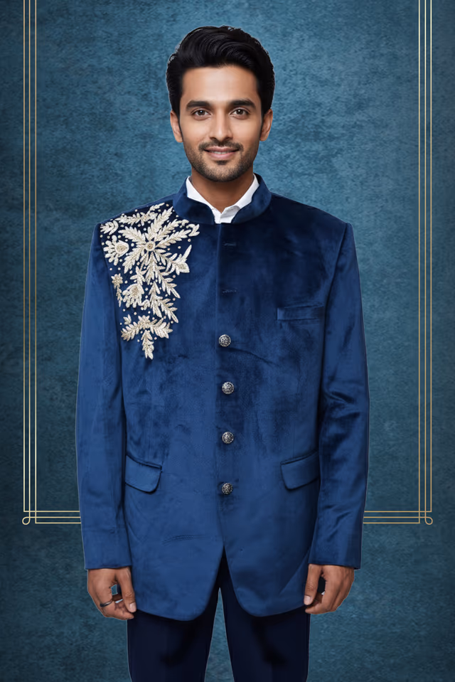 Sophisticated Velvet Jodhpuri with Golden Floral Shoulder Motif for Regal Elegance — back view, rent in Bangalore