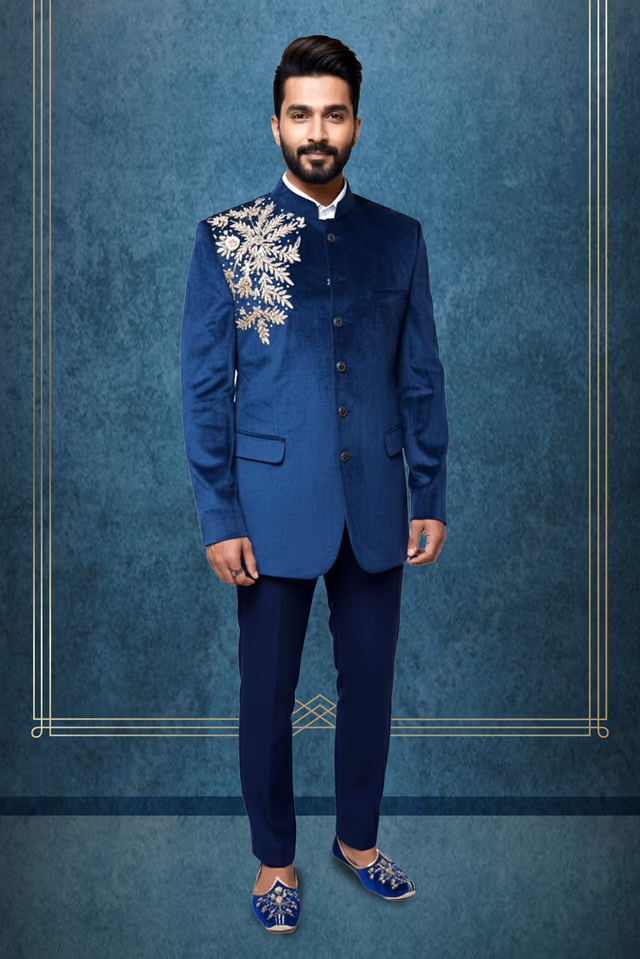 Sophisticated Velvet Jodhpuri with Golden Floral Shoulder Motif for Regal Elegance — rent in Bangalore