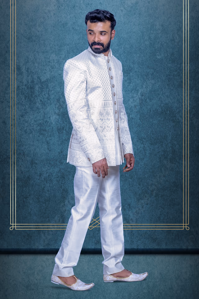 White And Golden  Jacket Jodhpuri With Threadwork Detailing — back view, rent in Calicut