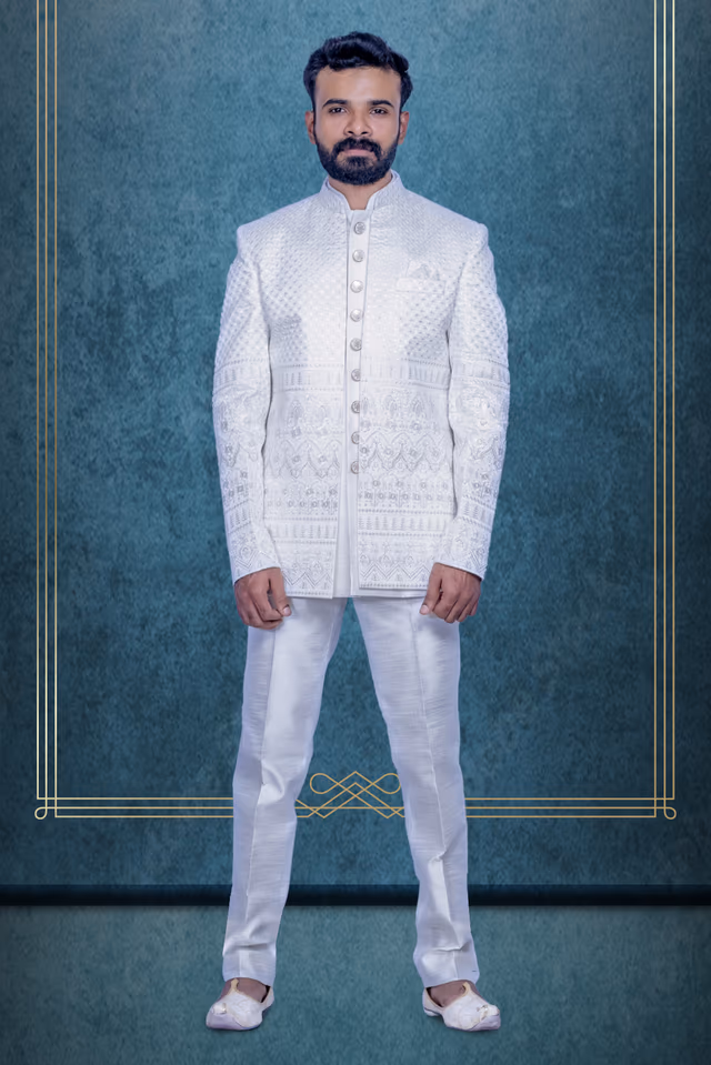White And Golden  Jacket Jodhpuri With Threadwork Detailing — rent in Calicut