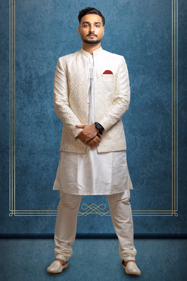 White Textured Grooms Sherwani With Elegant Threadwork Details — back view, rent in Calicut