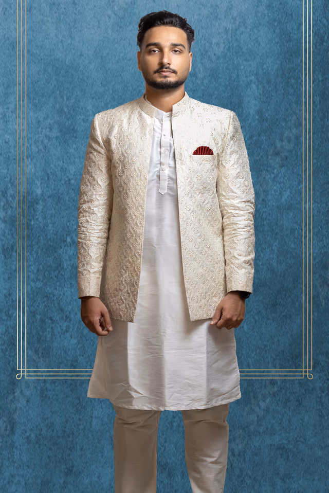 White Textured Grooms Sherwani With Elegant Threadwork Details — rent in Calicut