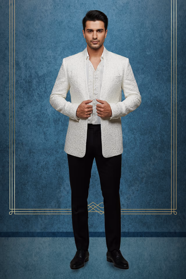 White Textured Jacquard Nehru Jacket / Bandhgala — rent in Kochi