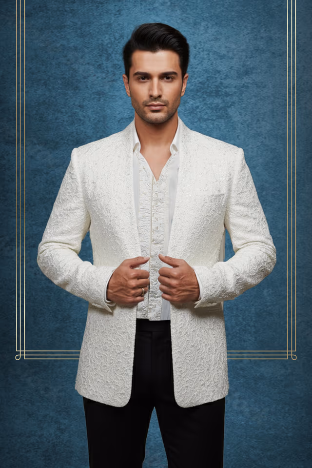 White Textured Jacquard Nehru Jacket / Bandhgala — back view, rent in Kochi