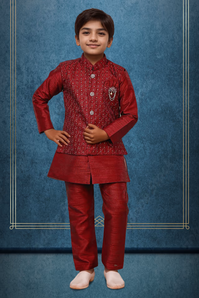 Maroon Kurta And Bundi Jacket — rent in Kochi