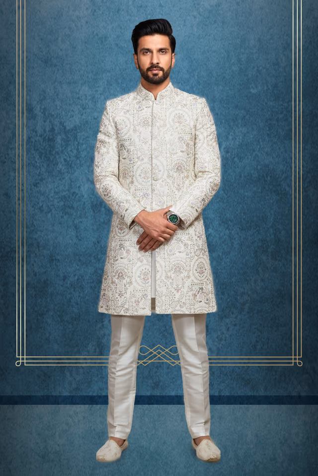 White 2 Pc Kids Sherwani With Heavy Threadwork Details — rent in Calicut