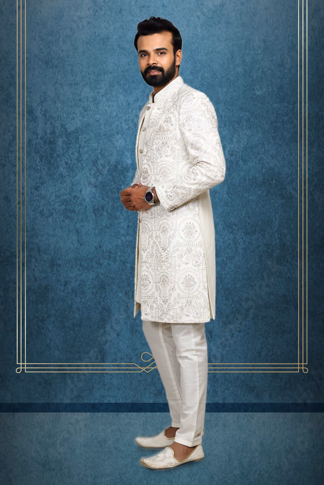 White 2 Pc Kids Sherwani With Heavy Threadwork Details — back view, rent in Calicut