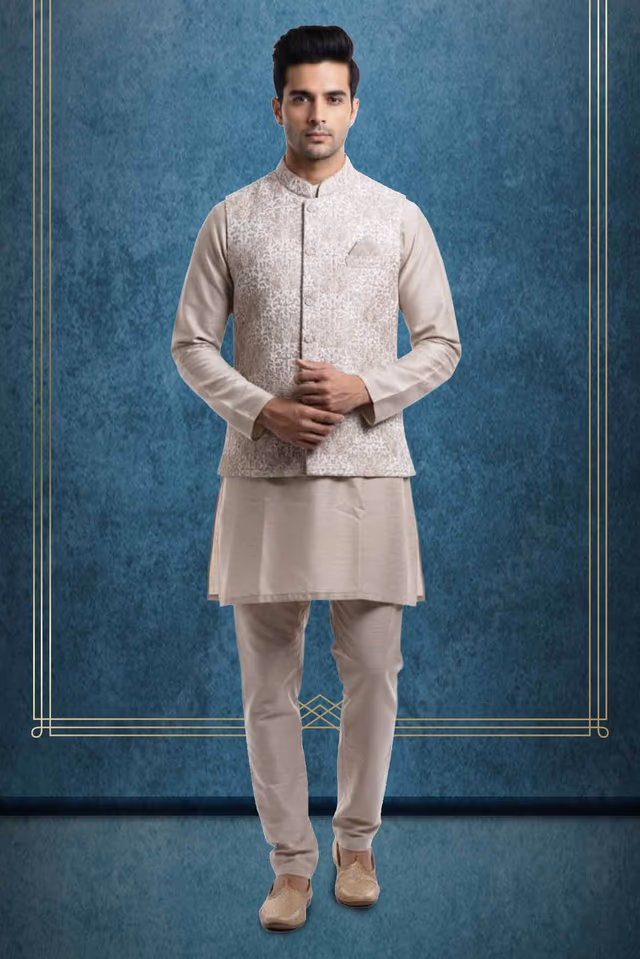Almond Beige Grooms Minimal Kurtha Bundi Set — rent in Calicut