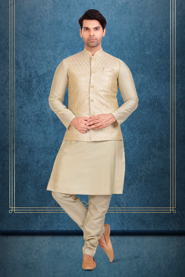 Beige Silk Kurta Churidar with Brocade Nehru Jacket — rent in Kochi