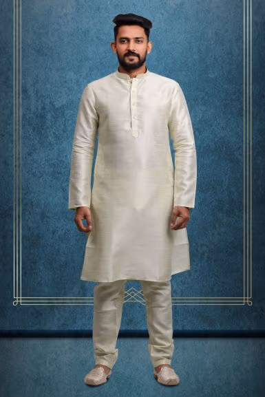 Cream Kurta Pyjama in Blended Fabric — rent in Bangalore