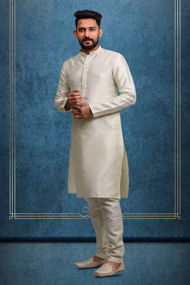 Cream Kurta Pyjama in Blended Fabric — back view, rent in Bangalore