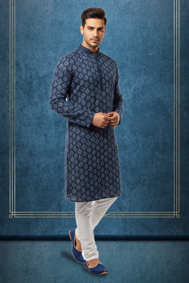 Dark Blue Kurta With Intricate Subtle Tone On Tone Pattern And V Neckline — rent in Calicut