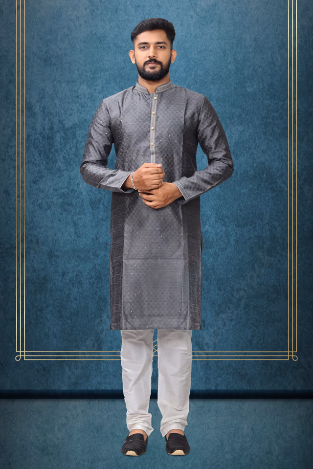 Grey Colour Ethnic Kurtha In Golden Threadwork Textured Dupion Silk Fabric And White Bottom — rent in Calicut